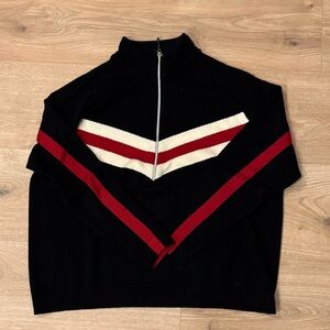 Vintage Eddie Bauer 100% Merino Wool Men's Black and Red Half-Zip Ski Sweater